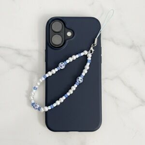 Elegant Blue and White Floral Pearl Beaded Phone Charm Strap Elastic Functional